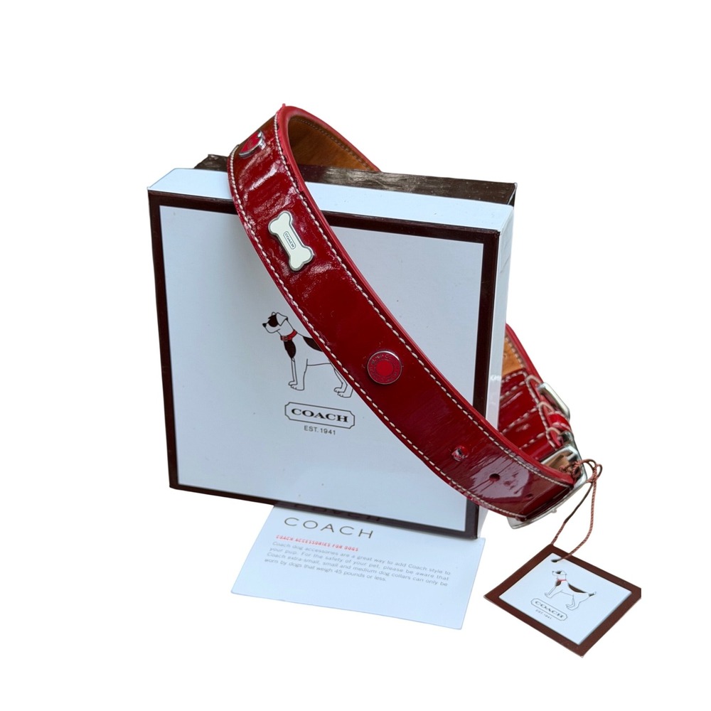 Vintage Coach Red Leather Dog Collar Large XL Box Tags Pet Luxury Complete Set